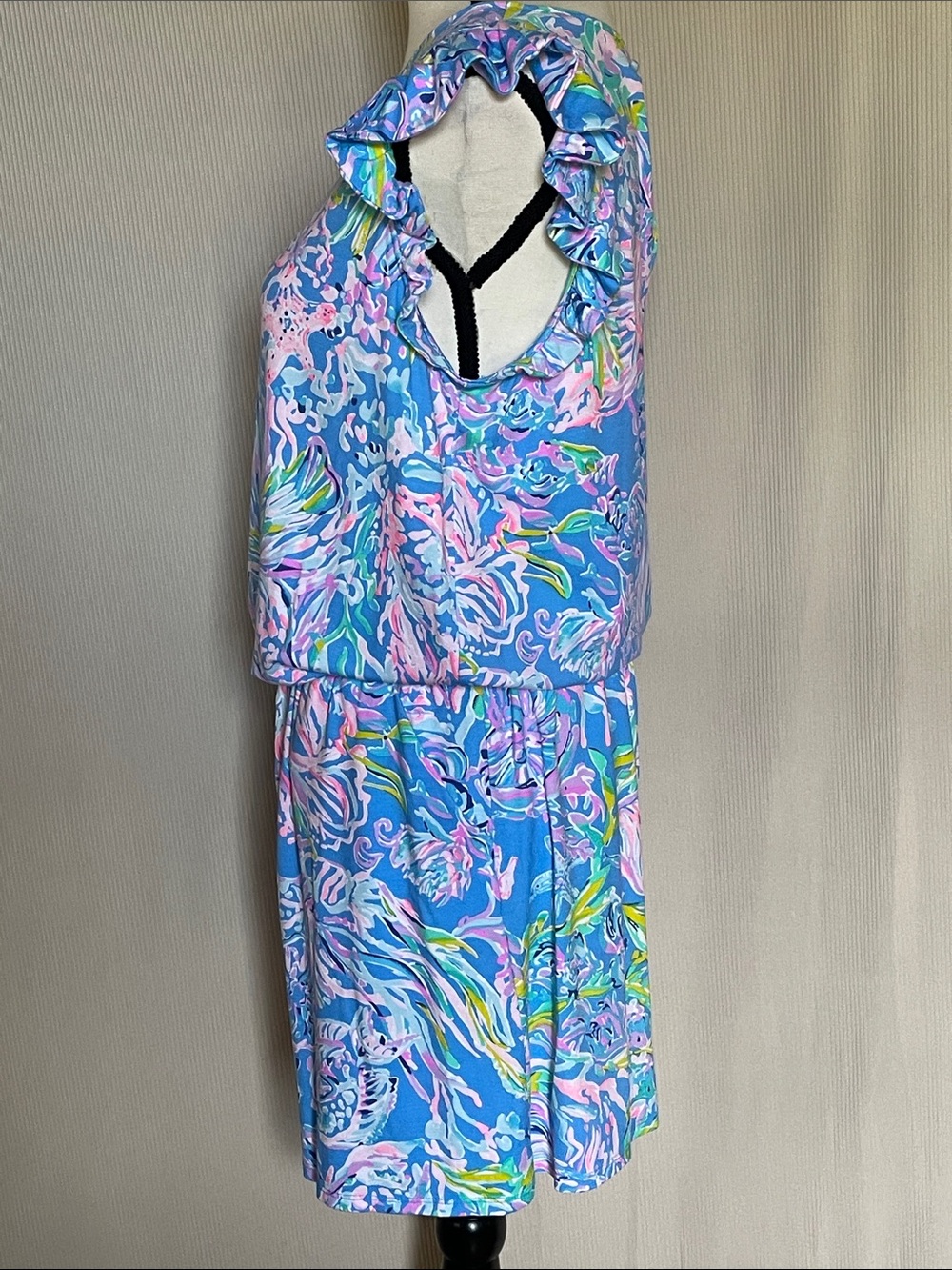 Lilly Pulitzer Blue Pink Tropical Print Romper Size L Ruffle Sleeve Keyhole Back - Picture 6 of 12